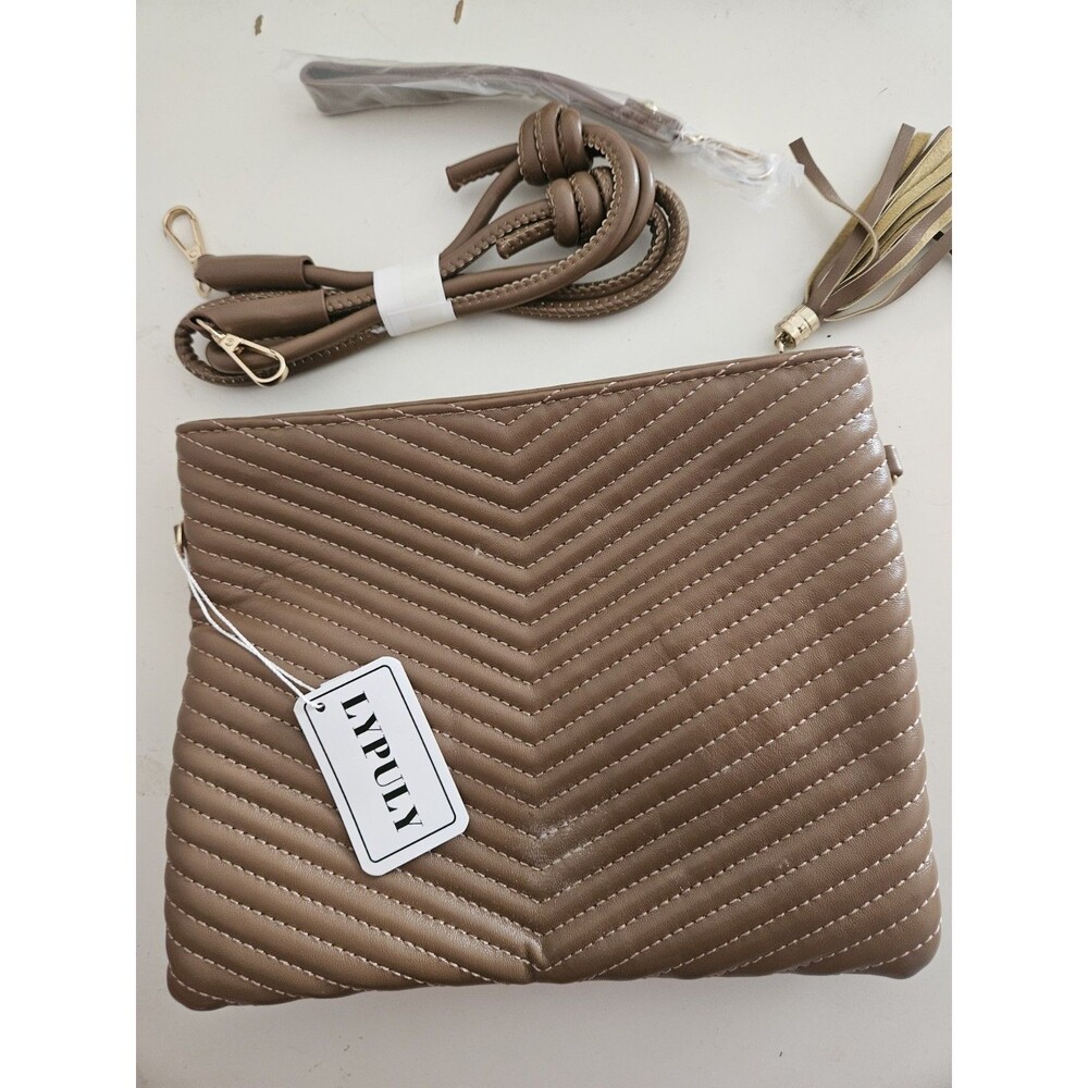 LYPULY Brown Quilted Chevron Tassel Zip Crossbody Bag with Gold Hardware